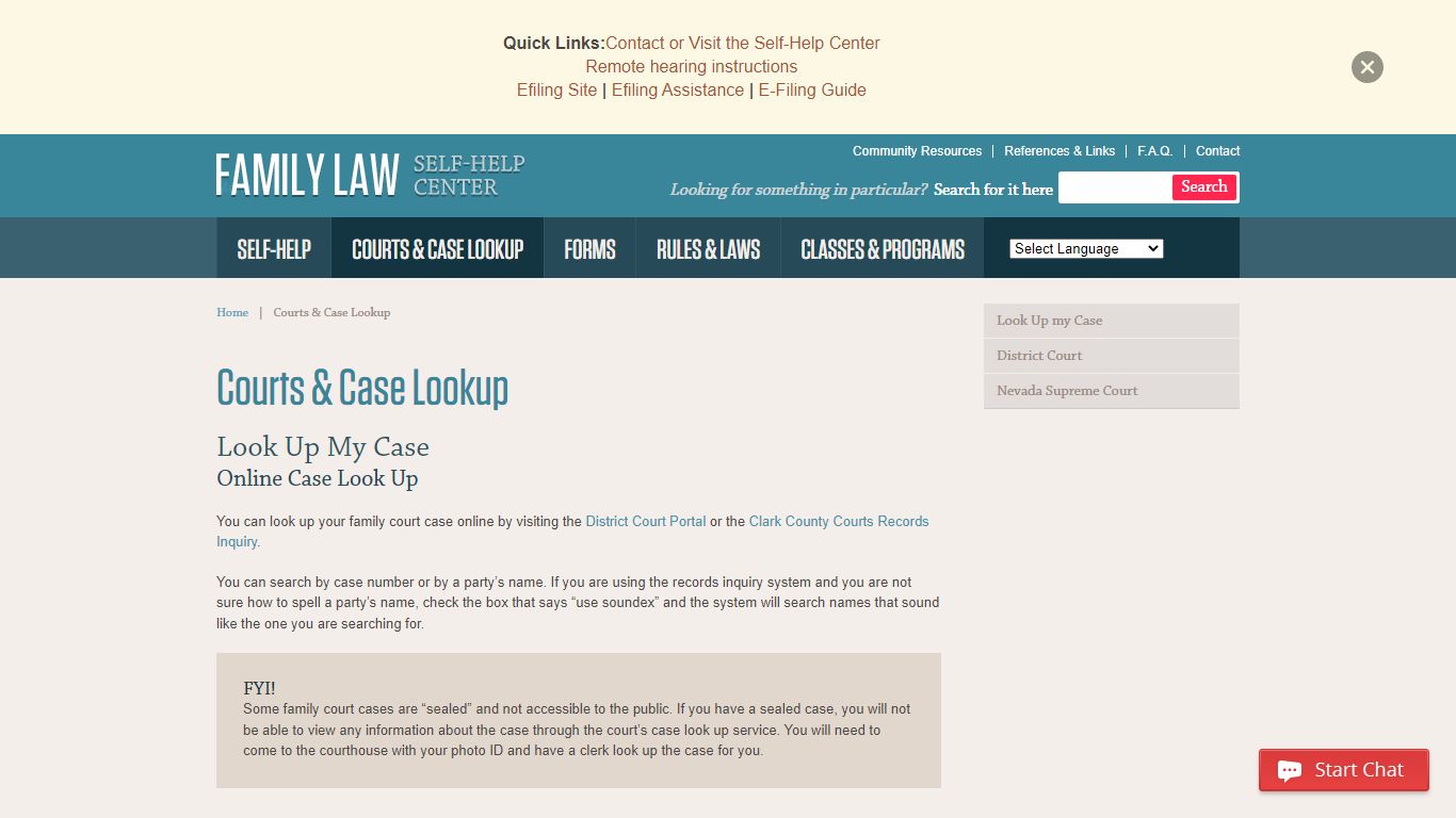 Family Law Self-Help Center - Courts & Case Lookup